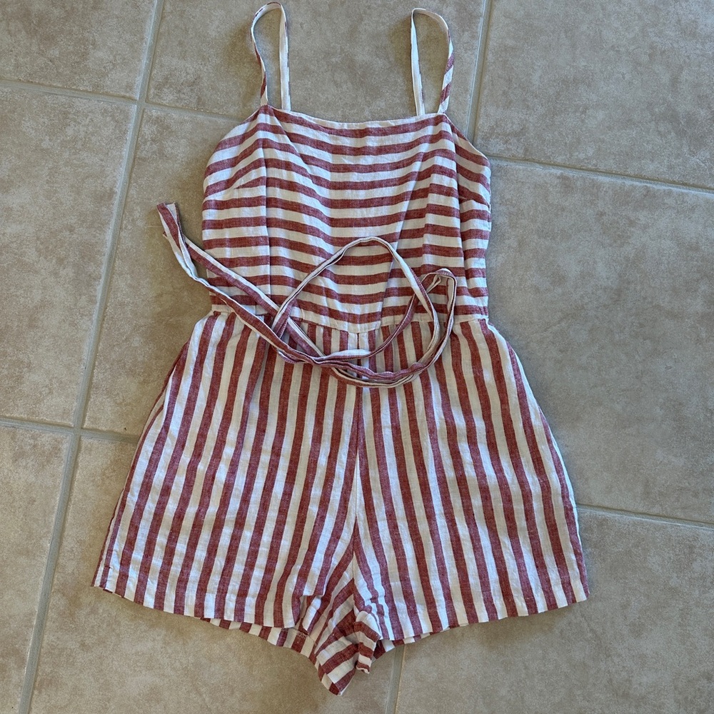 C&C California Red and White Striped Linen Romper